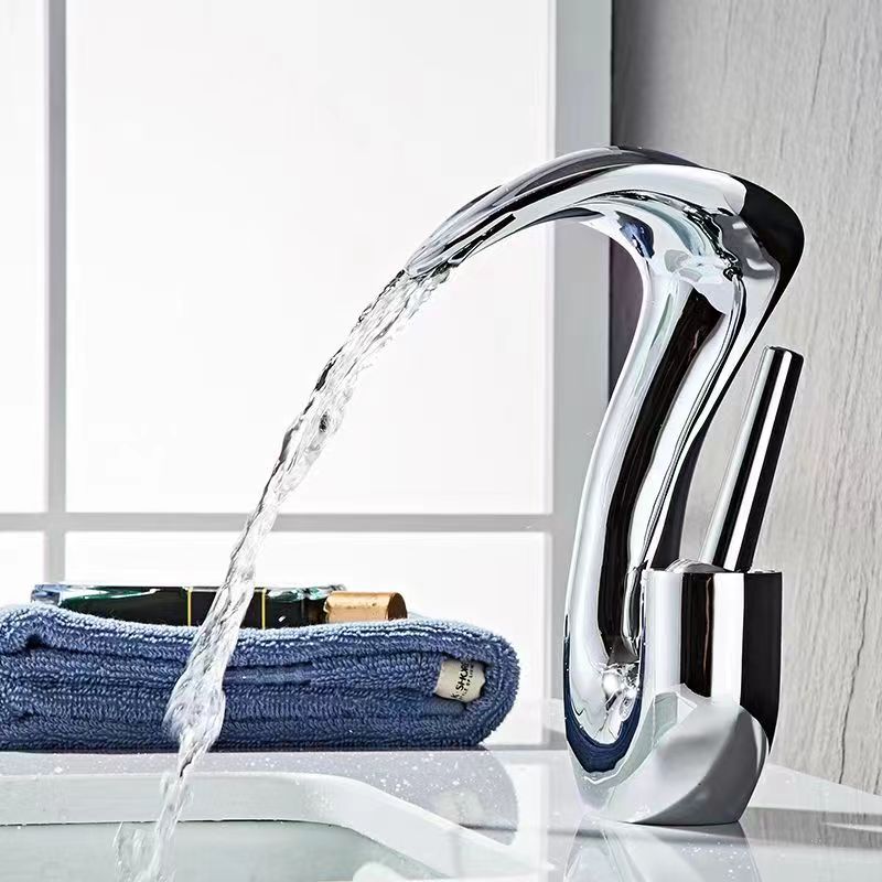 High-End Single Hole Mount Cobra Type Hot & Cold Waterfall Basin Faucet Full Copper Gun Gray Modern Design for Home Bathroom