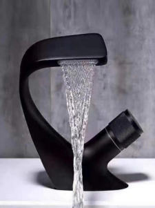 European Style All-Copper Waterfall Basin Faucet Single-Hole Touchless Hot Cold Water Black Hotel Bathroom Under-Sink Design