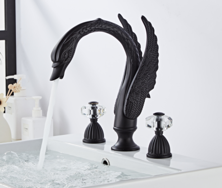 Golden Black Ornate Swan Style Bathroom Sink Faucet Combo Deck Mount Sink Mixer Tap Set Hot Cold Water