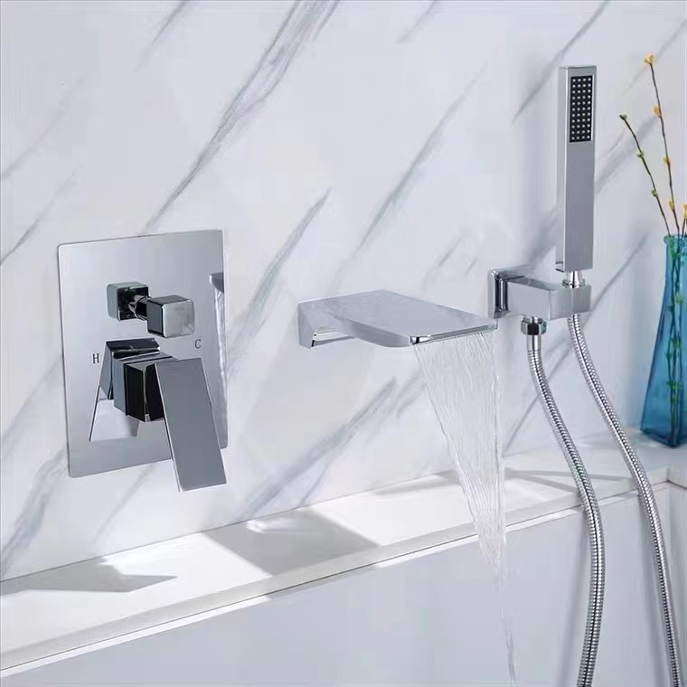 Bathtub Faucet Concealed Wall Mount Angular Waterfall Tub Spout Adjustable Handheld Shower Single Lever Brass