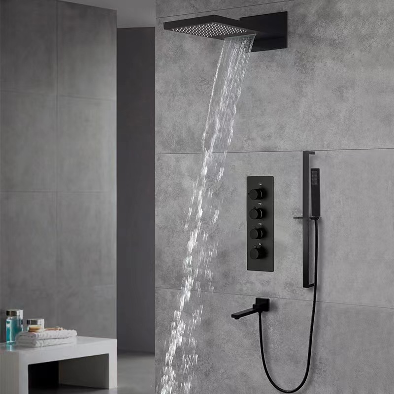 5-in-1 Brass Wall Mounted Rainfall Bath Shower System Soft Rain Spray with Back Massage Jets Sliding Bar for Hotels & Apartments