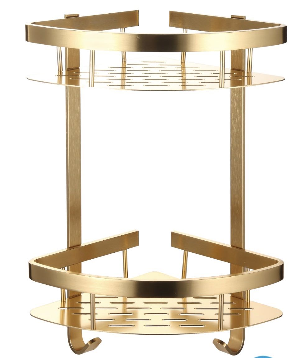 Modern Polished Aluminum Dual Tier Wall Mounted Corner Bathroom Organizer Caddy Shower Shelves Hooks 053
