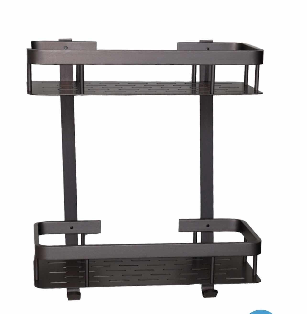 Modern Polished Aluminum Dual Tier Wall Mounted Corner Bathroom Organizer Caddy Shower Shelves Hooks 057