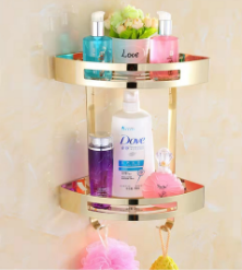 Modern Polished Aluminum Dual Tier Wall Mounted Corner Bathroom Organizer Caddy Shower Shelves 148