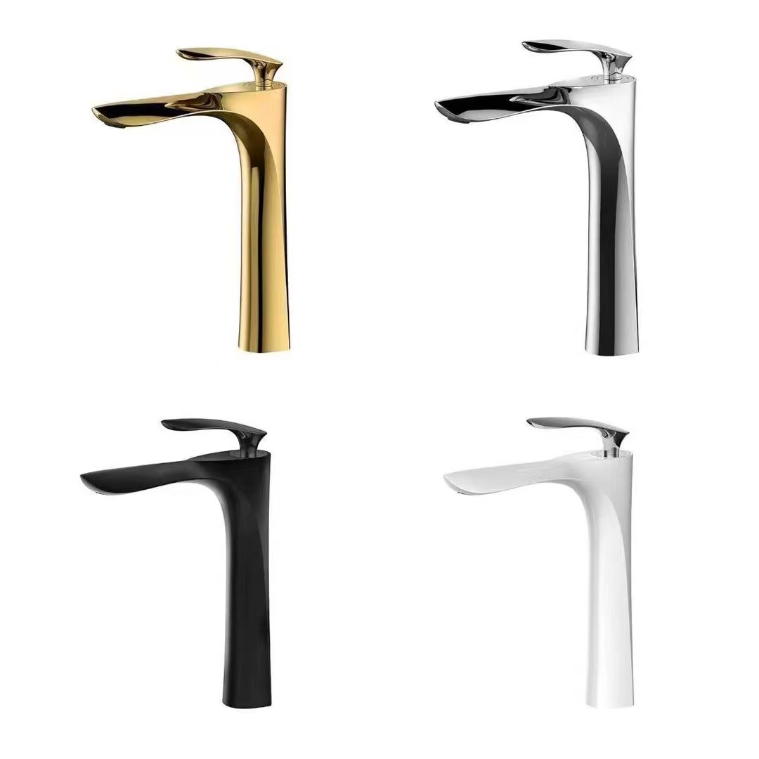 Matte Black Copper Gold Trim Tall Single Handle Hot Cold Water Bathroom Faucet High Rise Vessel Sink Mixer Tap