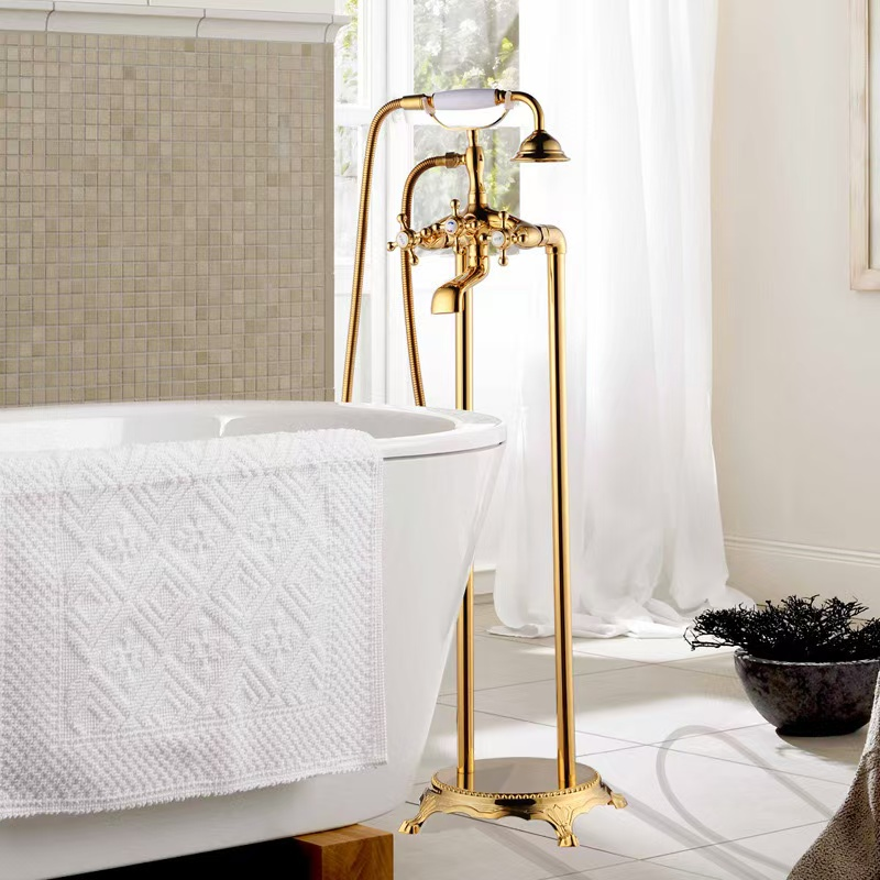 Wholesale Retro Brass Freestanding Bathtub Faucet Gold Vertical Shower Faucet Polished Barrel Electroplated Side Ceramic Rain