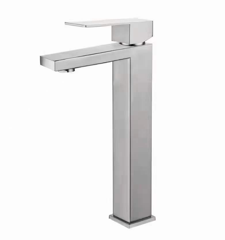 304 Stainless Steel Chrome Square High Basin Faucet Single Handle Hot Cold Mixer Ceramic Cartridge Aerator Bathroom Vanity