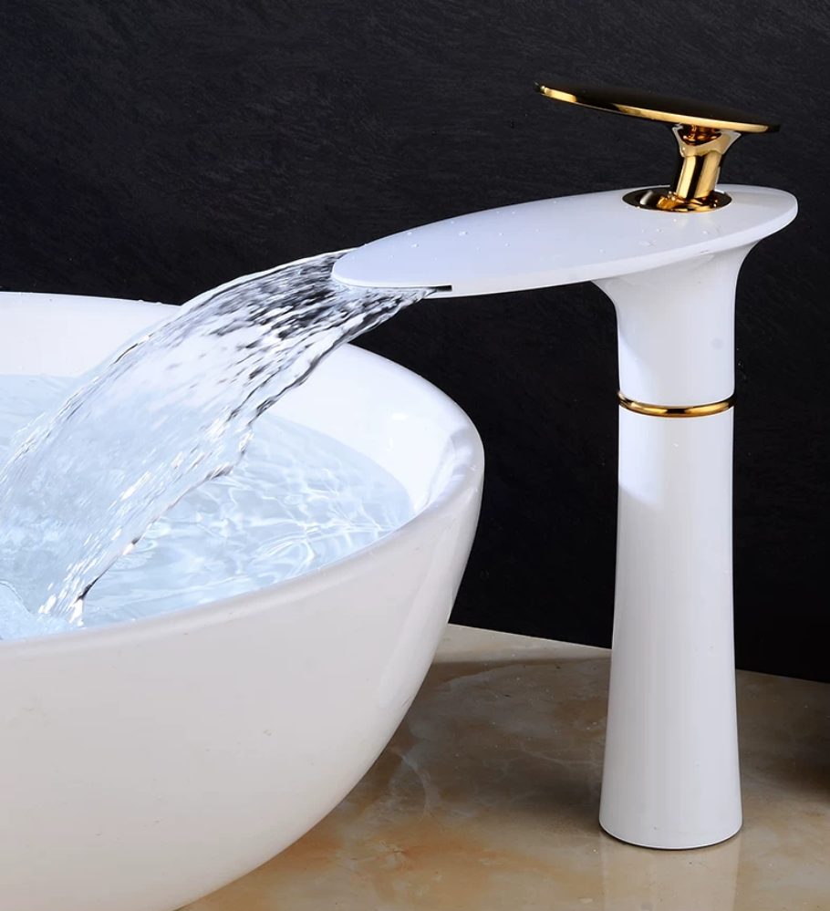 Tall Body White Brass Body Waterfall Bathroom Basin Faucet With Gold Handle